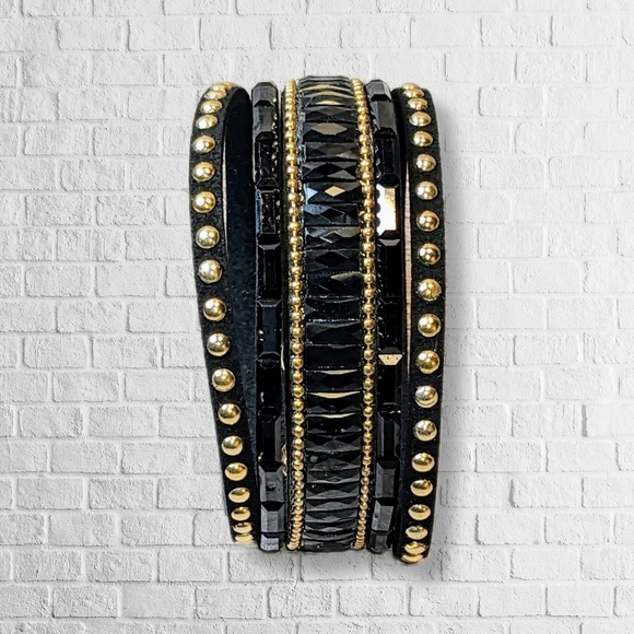 A3 Black Gold Rhinestone Crystal Wrap Cuff Bracelet Sz M-L Adjustable NEW A3 - Picture 8 of 11